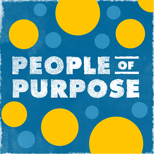 blue background yellow and blue polka dots People of Purpose text